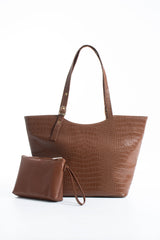 Textured  Pu Leather Tote Bag with Matching Zipper Pouch 2PCS Set - Brown