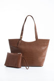 Textured  Pu Leather Tote Bag with Matching Zipper Pouch 2PCS Set - Brown