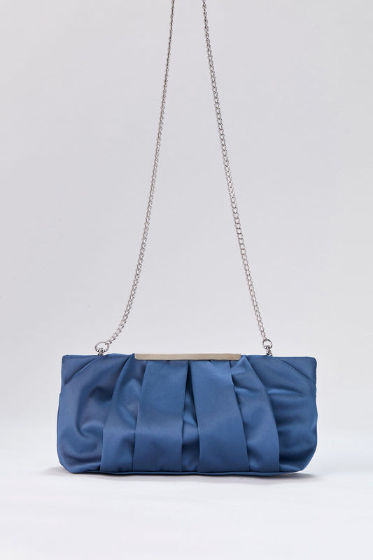 Pleated Satin Clutch Bag with Detachable Strap - Blue