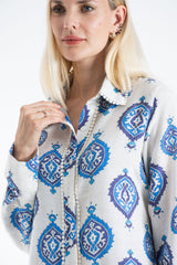 Women’s Linen Blend Ornamental Print Midi Shirt Dress