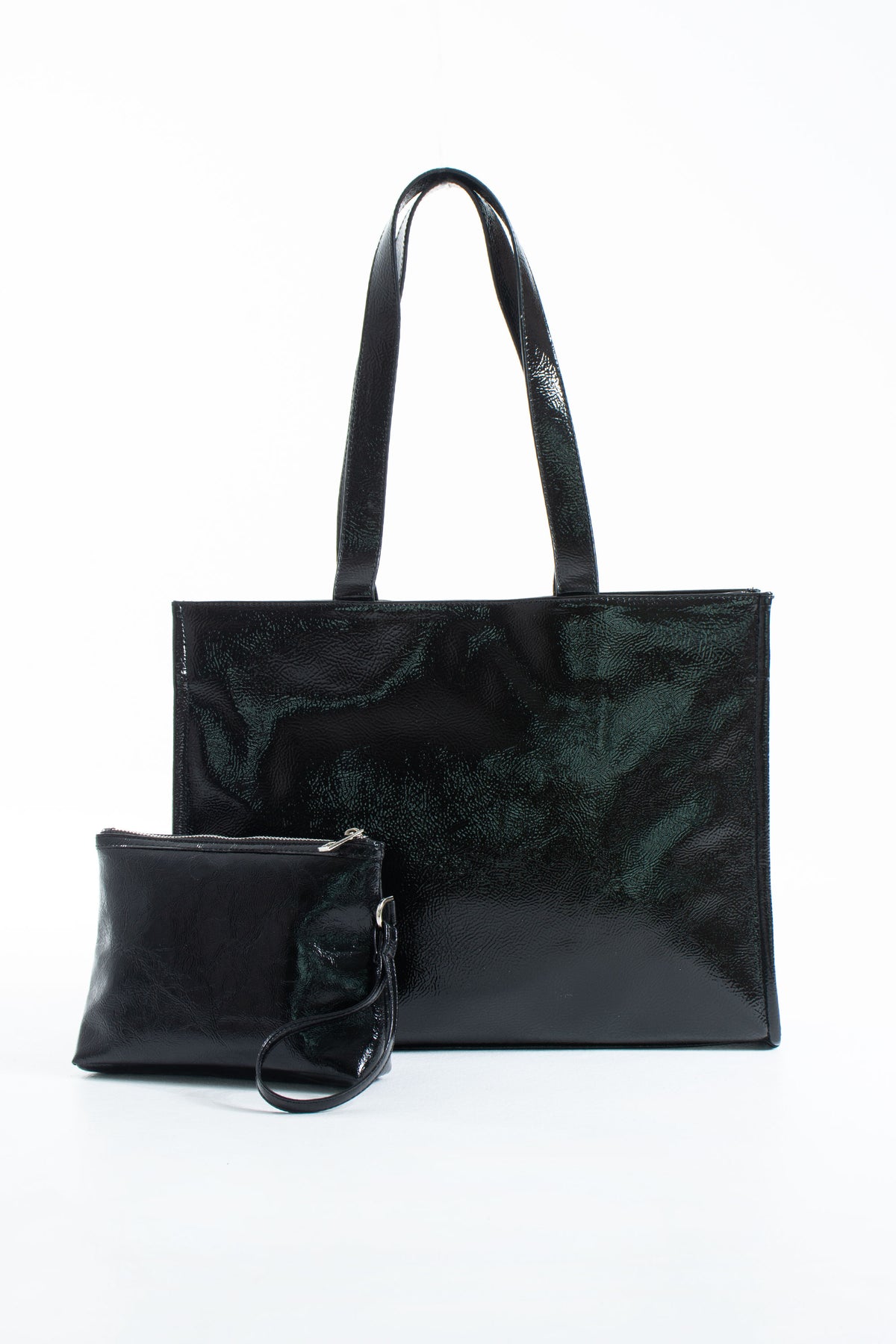 Crinkle Patent Tote Shoulder Bag - Black