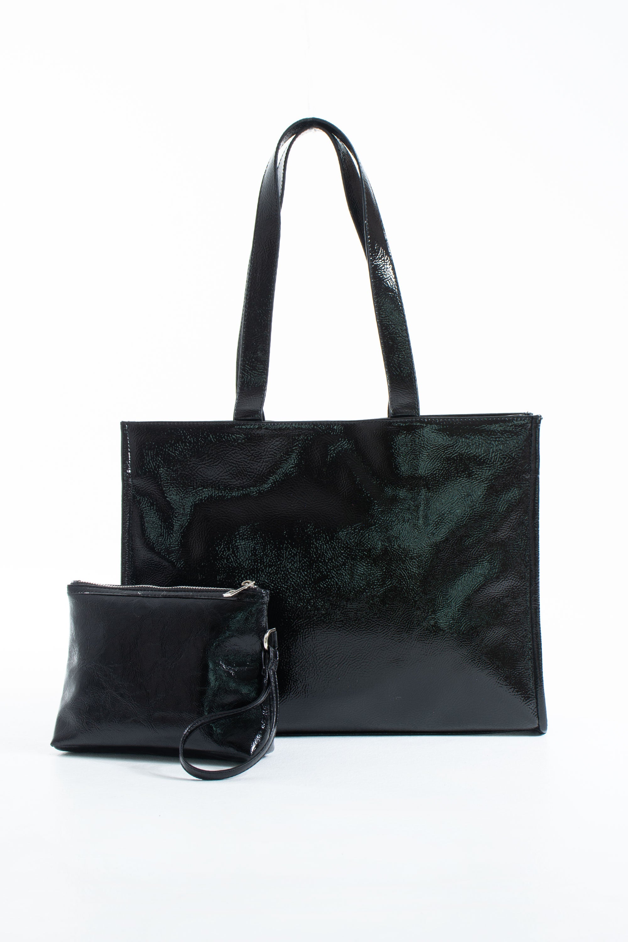 Crinkle Patent Tote Shoulder Bag - Black