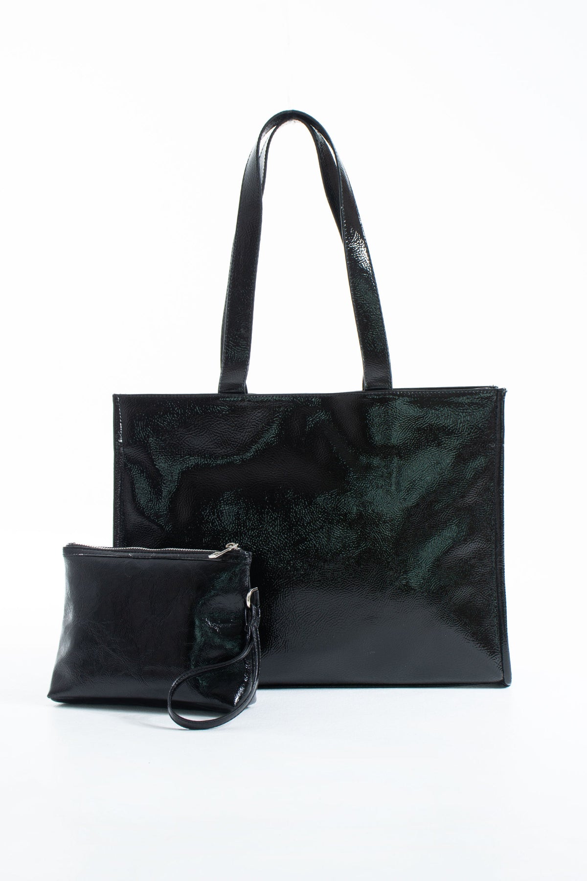 Crinkle Patent Tote Shoulder Bag - Black