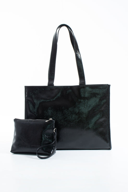 Crinkle Patent Tote Shoulder Bag - Black