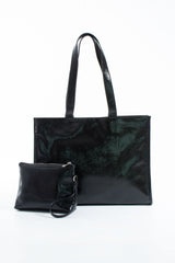 Crinkle Patent Tote Shoulder Bag - Black
