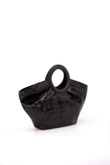 Textured Pu Leather Top Handle Tote Bag - Black