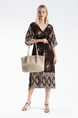 Large PU Leather Shopper Tote Bag with Matching Pouch - Beige