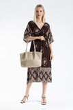Large PU Leather Shopper Tote Bag with Matching Pouch - Beige