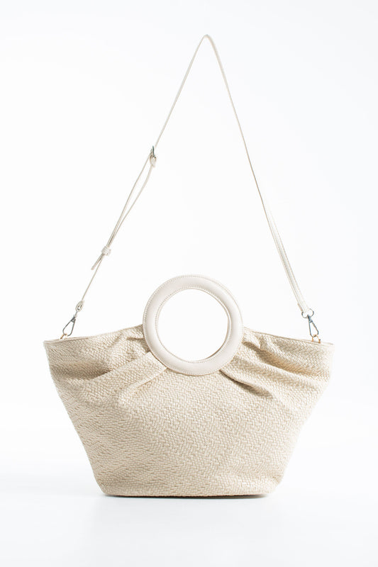 Woven  Pu Leather Top Handle Tote Bag with Adjustable  Crossbody Strap - Cream