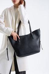 Pu Leather Large Tote Bag with Matching Zipper Pouch  2PCS Set - Black