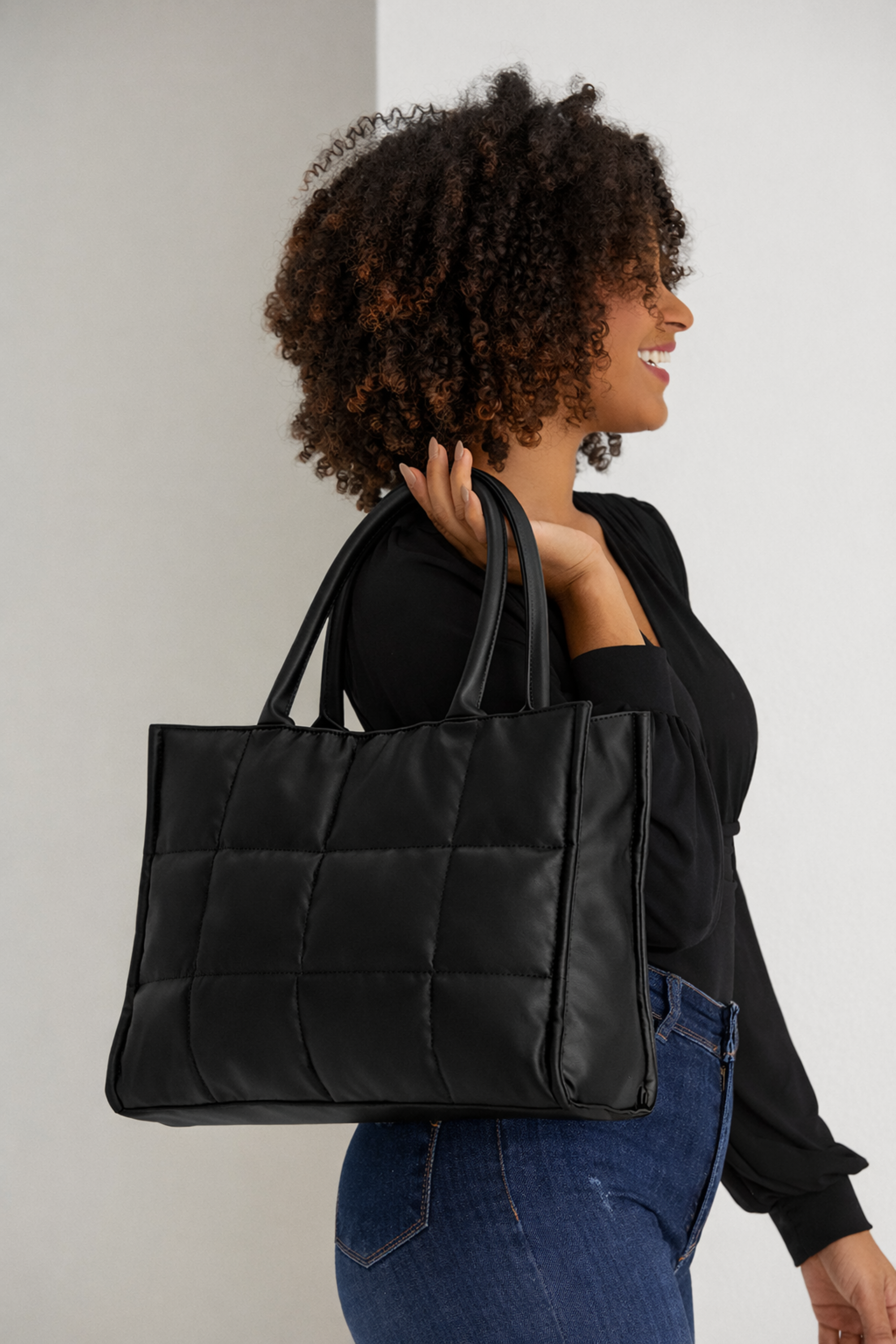 Quilted Pu Leather Tote Bag with Detachable Strap - Black