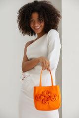 Floral Satin Handbag with Detachable Crossbody Strap - Orange