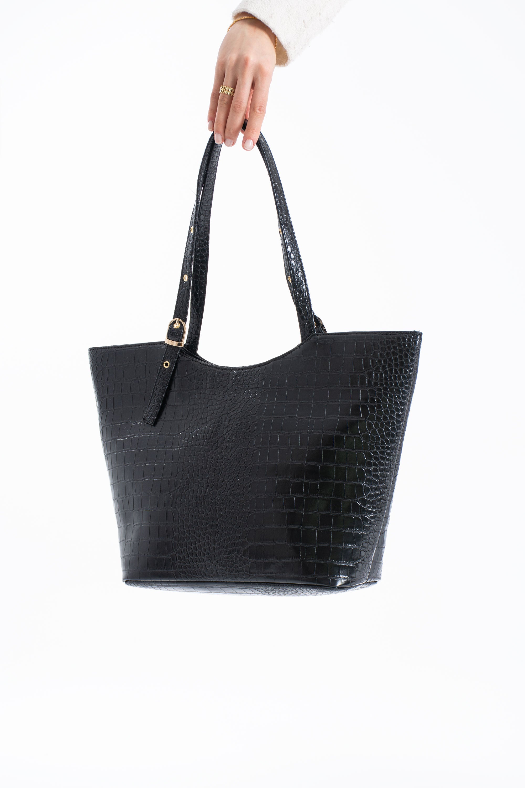 Textured  Pu Leather Tote Bag with Matching Zipper Pouch 2PCS Set - Black