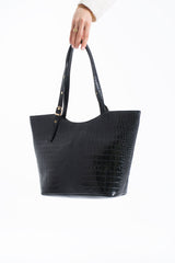 Textured  Pu Leather Tote Bag with Matching Zipper Pouch 2PCS Set - Black