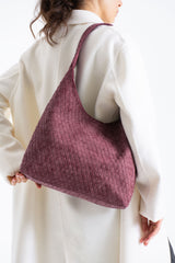 Woven Suede Slouchy Tote Bag with Matching Zipper Pouch 2PCS Set - Burgundy