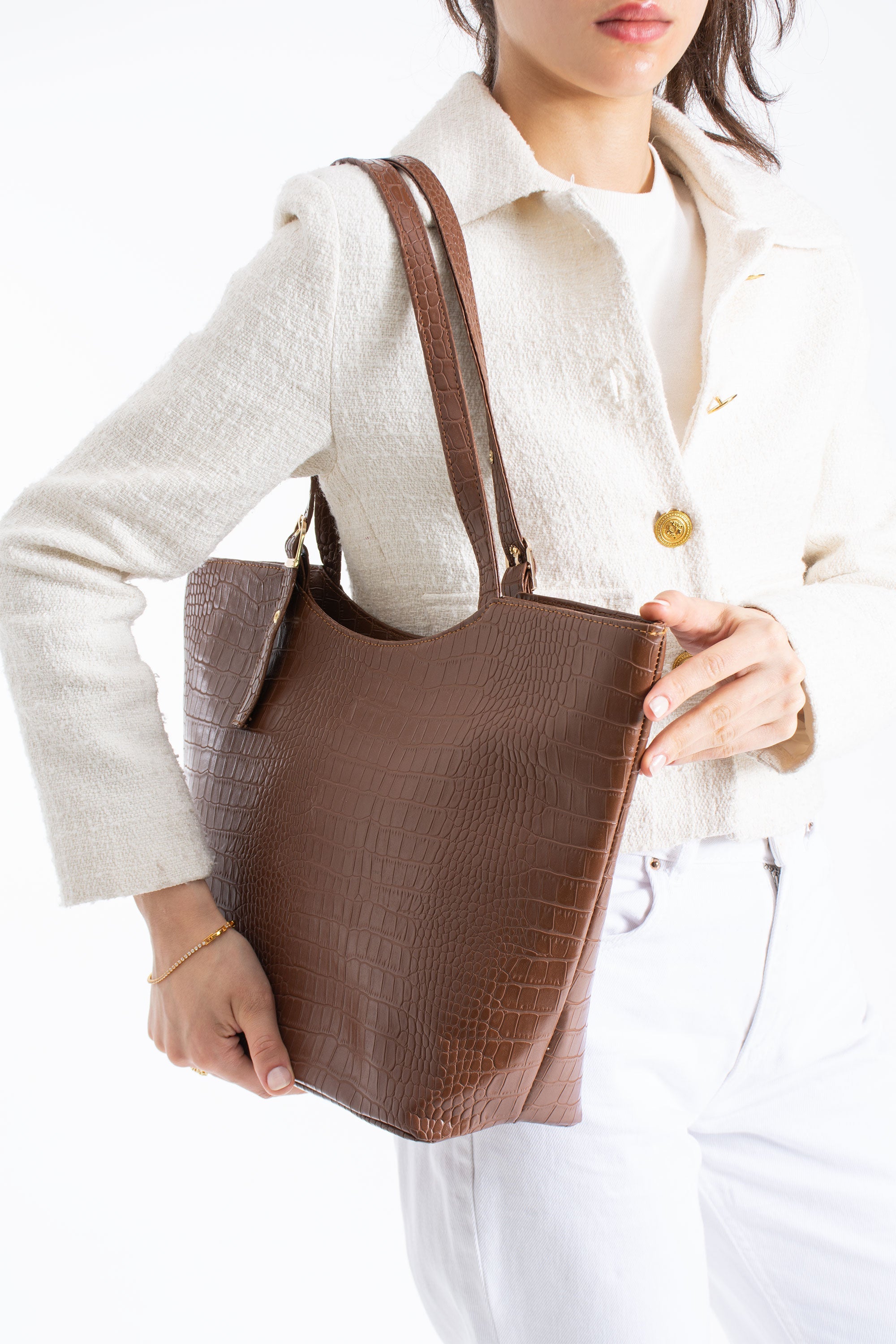 Textured  Pu Leather Tote Bag with Matching Zipper Pouch 2PCS Set - Brown