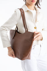 Textured  Pu Leather Tote Bag with Matching Zipper Pouch 2PCS Set - Brown