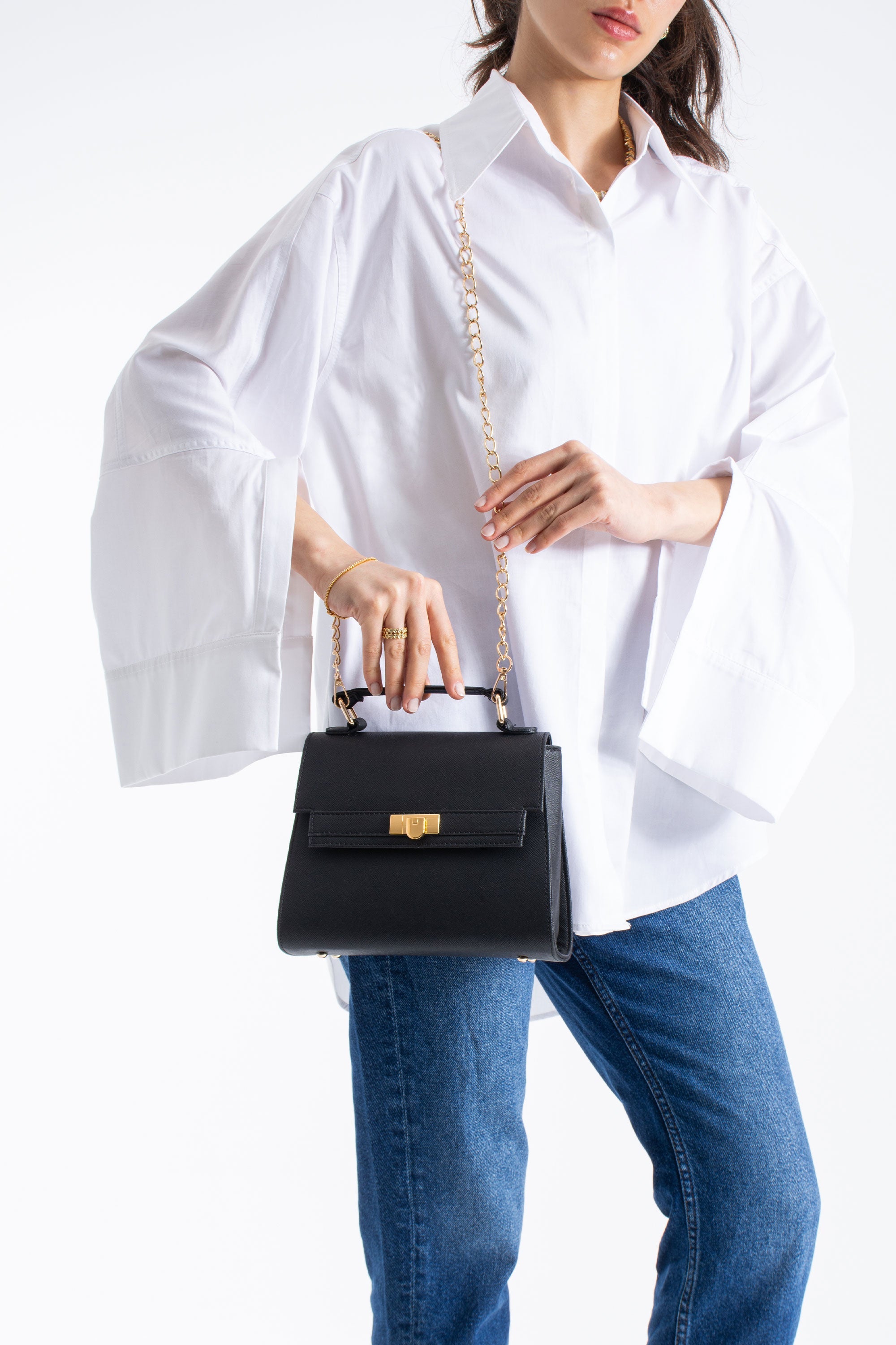 Pu Leather Top Handle Satchel Crossbody Bag - Black