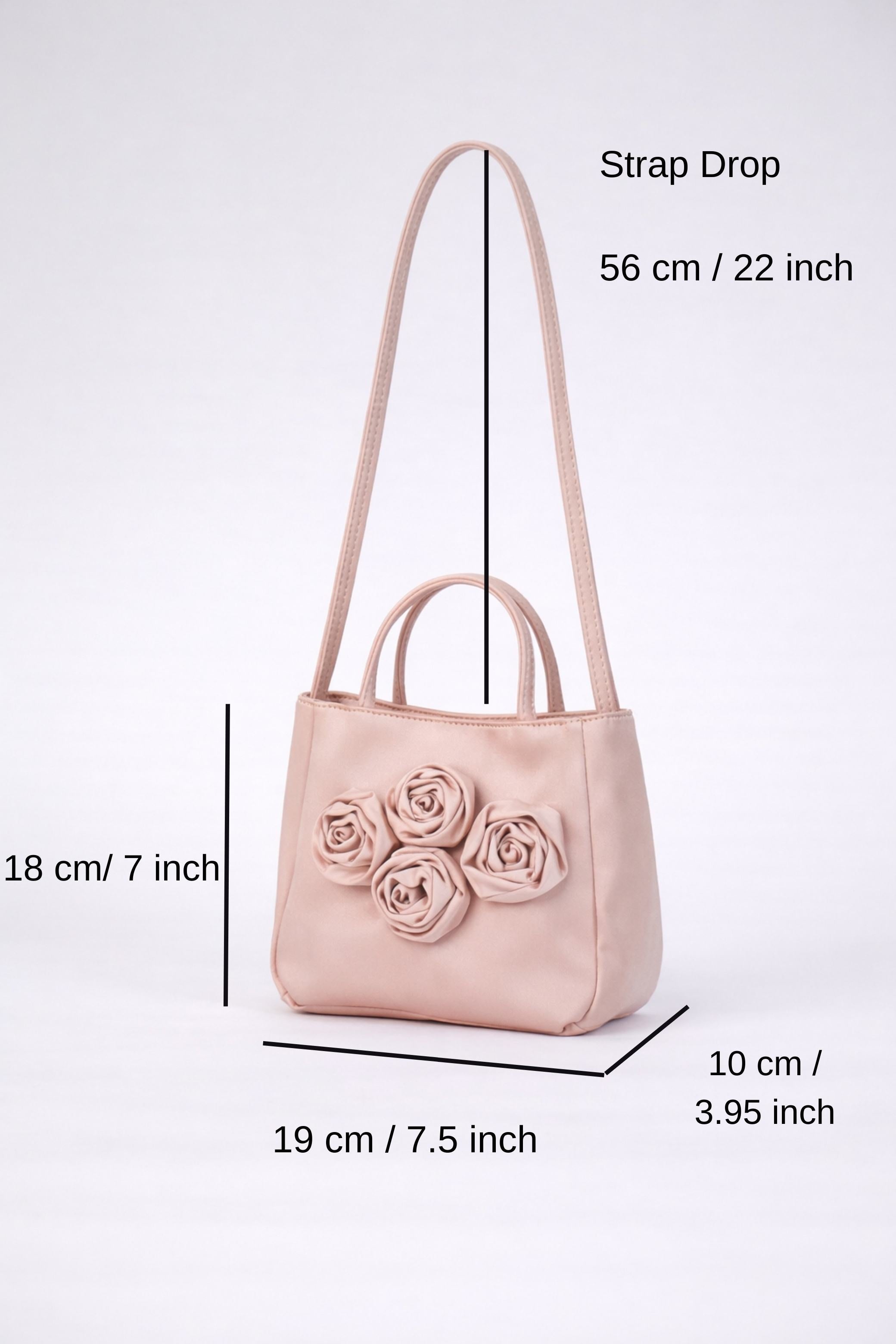 Floral Satin Handbag with Detachable Crossbody Strap - Nude