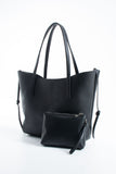 Pu Leather Large Tote Bag with Matching Zipper Pouch  2PCS Set - Black