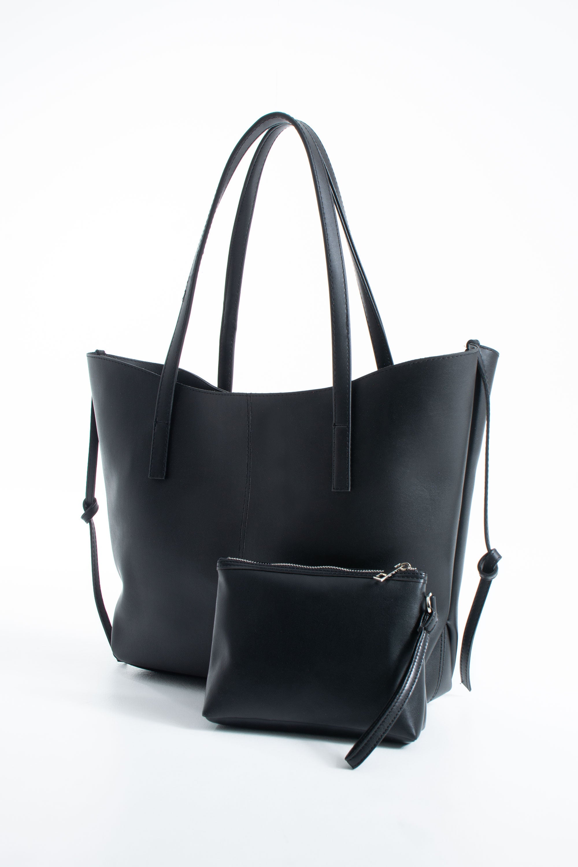 Pu Leather Large Tote Bag with Matching Zipper Pouch  2PCS Set - Black