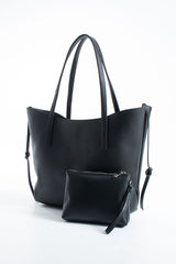 Pu Leather Large Tote Bag with Matching Zipper Pouch  2PCS Set - Black