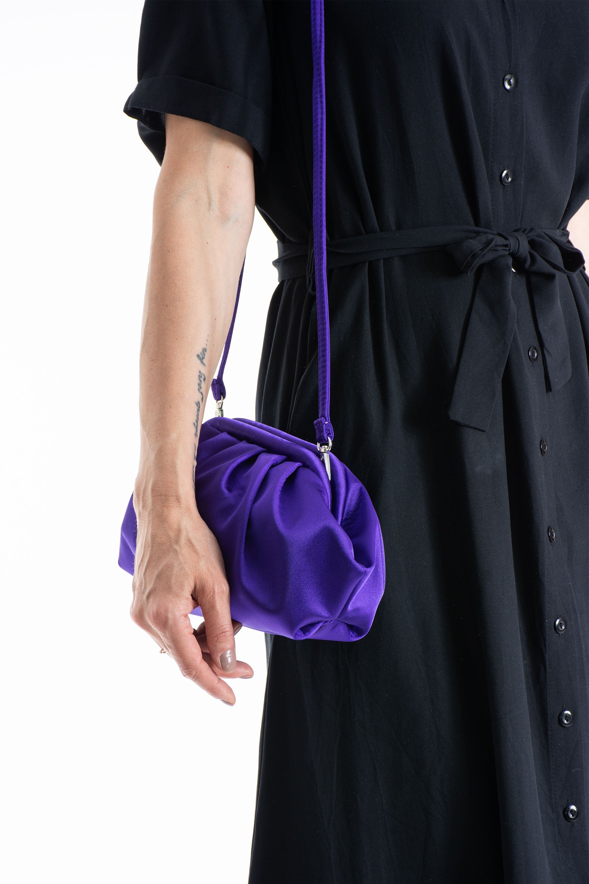 Satin Pouch Bag With Detachable Crossbody Strap - Purple