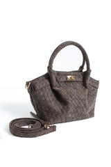 Woven Suede Top Handle Crossbody Bag with Twist Lock Detail - Brown