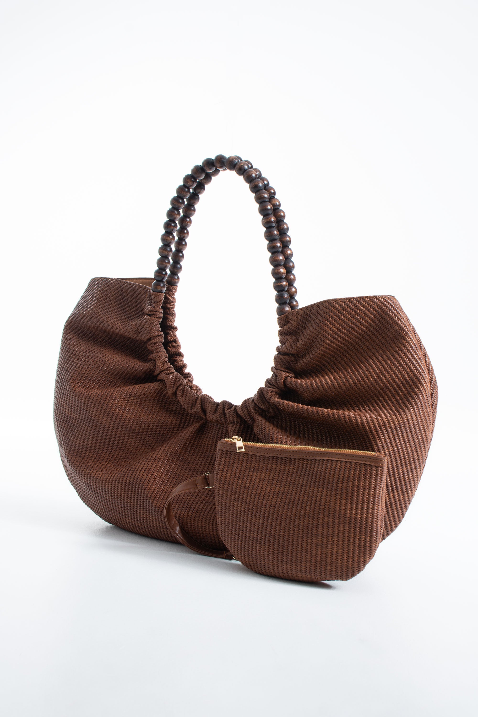 Woven PU Leather Slouchy Tote with Beaded Strap 2PCS Set - Brown