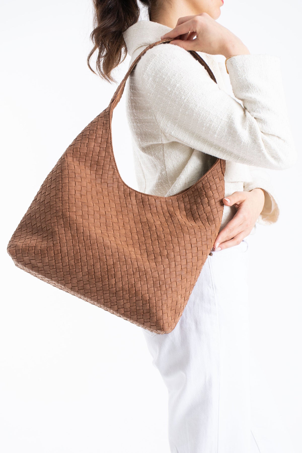 Woven Suede Slouchy Tote Bag with Matching Zipper Pouch 2PCS Set - Tan