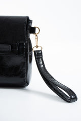 Crinkle Patent Flap Closure Wristlet & Clutc&Crossbody  3-in-1 Handbag - Black