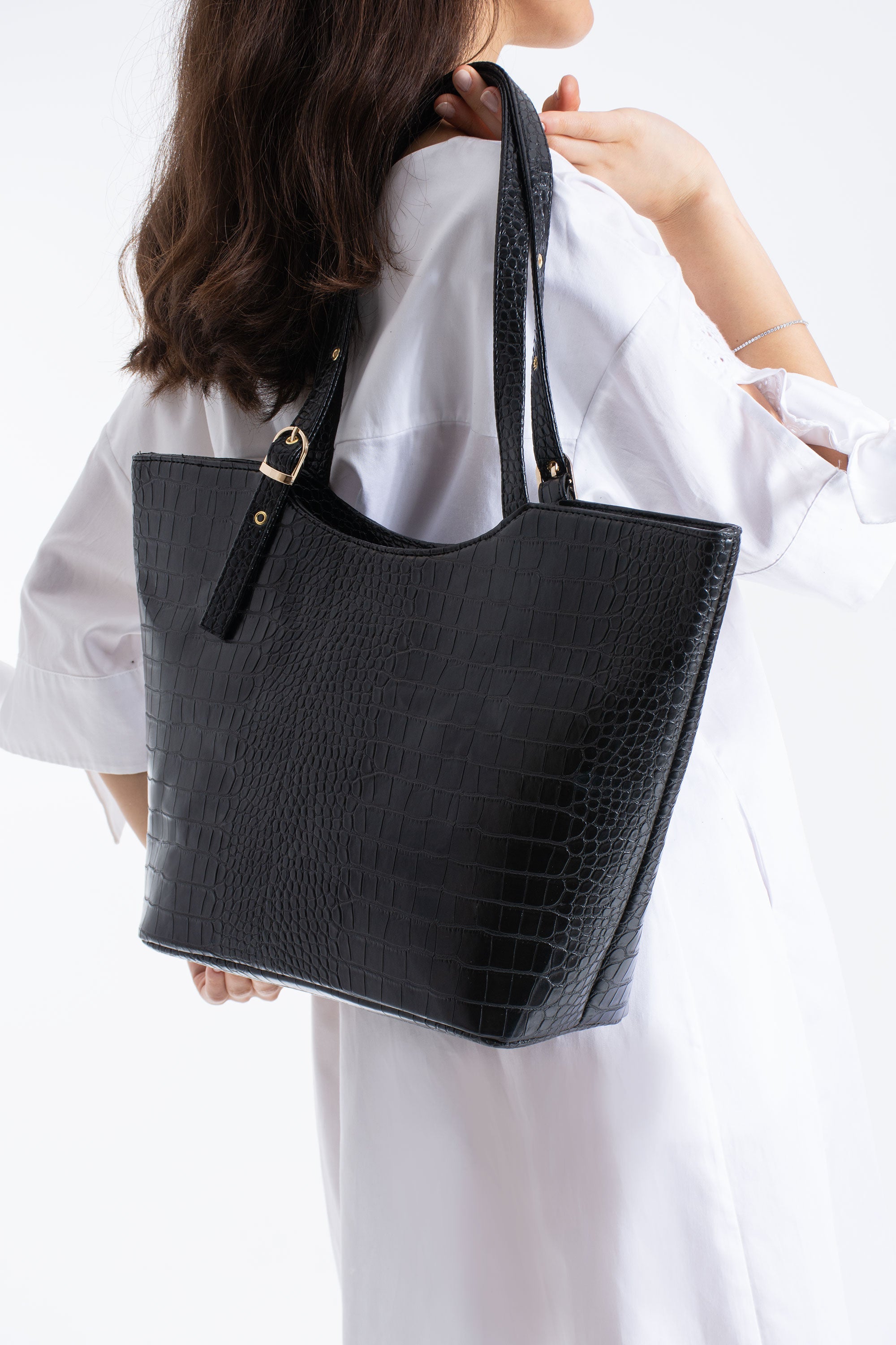 Textured  Pu Leather Tote Bag with Matching Zipper Pouch 2PCS Set - Black