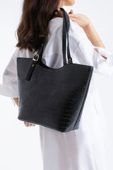Textured  Pu Leather Tote Bag with Matching Zipper Pouch 2PCS Set - Black