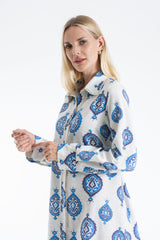 Women’s Linen Blend Ornamental Print Midi Shirt Dress