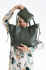 Pu Leather Large Tote Bag with Matching Zipper Pouch  2PCS Set - Green