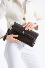 Crinkle Patent Flap Closure Wristlet & Clutc&Crossbody  3-in-1 Handbag - Brown