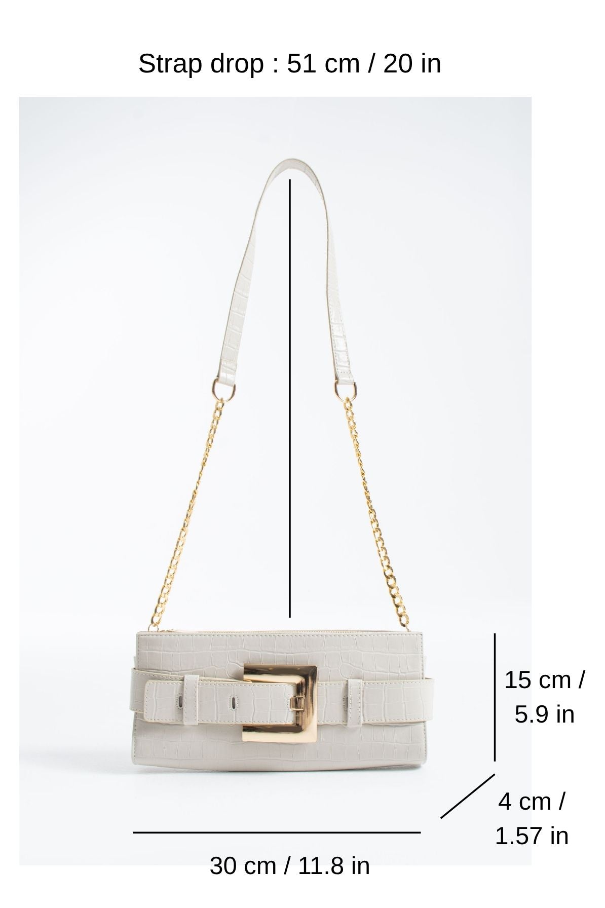 Croc PU Leather Shoulder & Clutch Bag with Large Gold Buckle - Cream