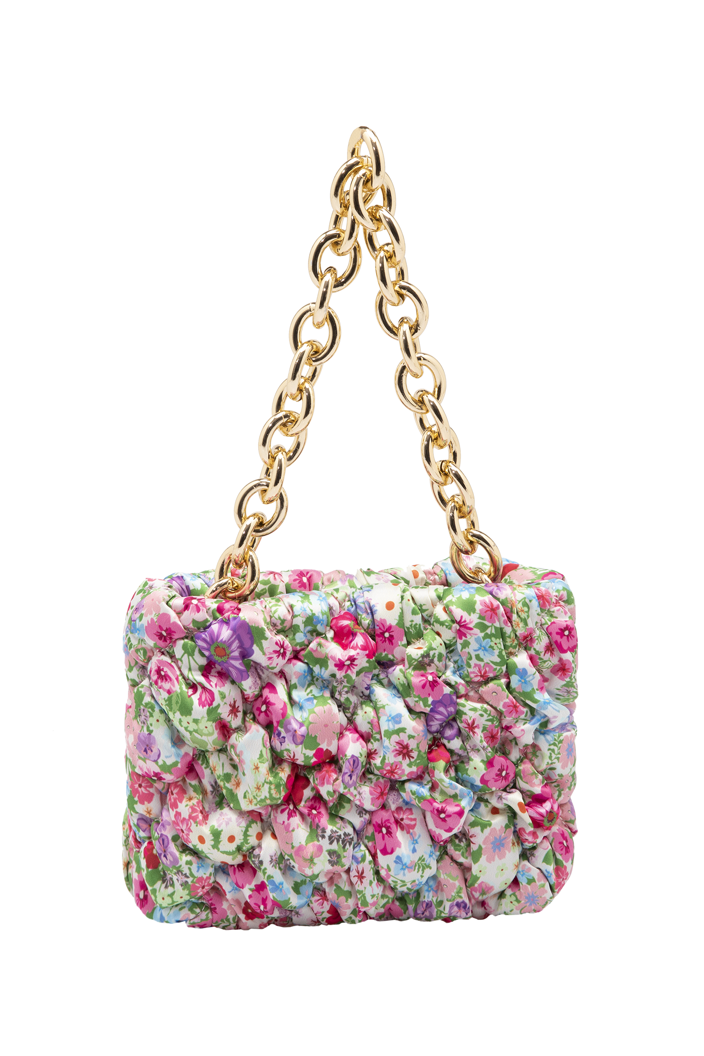 Floral Quilted Shoulder Grab  Bag with Gold Chain Strap - Multi