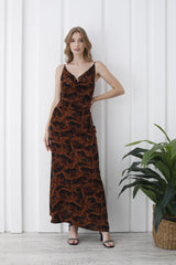Abstract Rose Print Maxi Dress - Brown