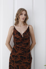 Abstract Rose Print Maxi Dress - Brown