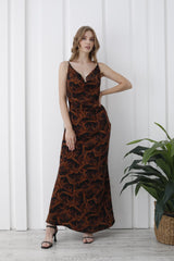Abstract Rose Print Maxi Dress - Brown