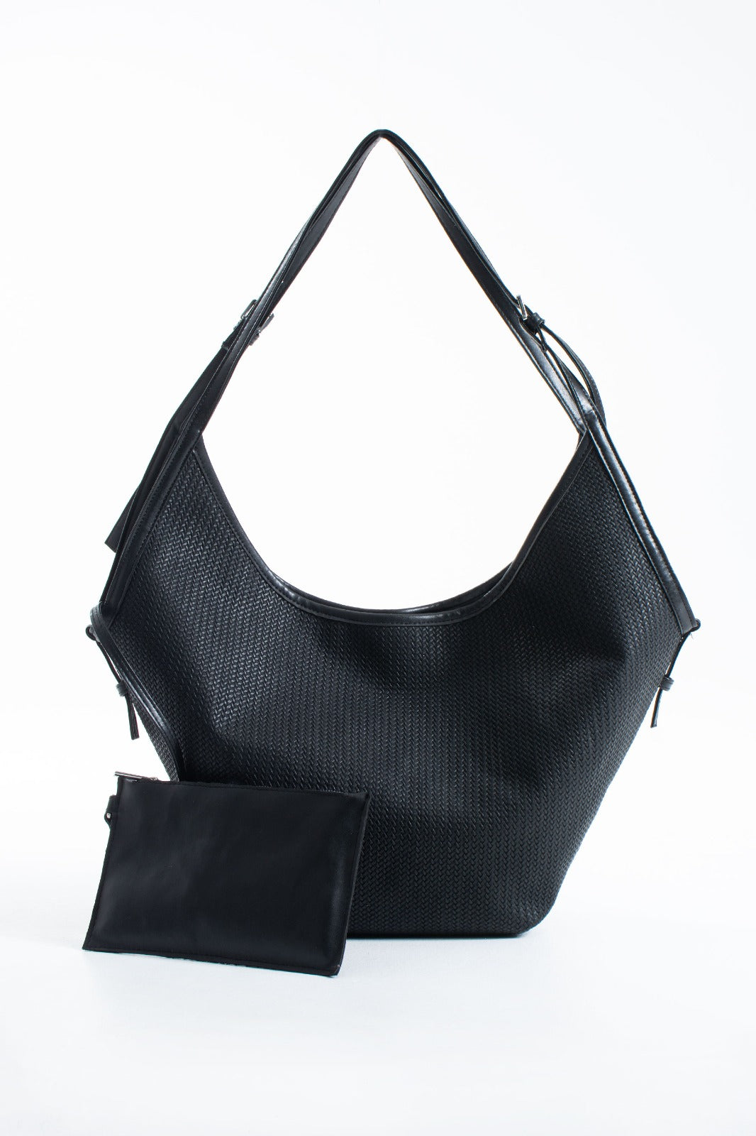 Woven Vegan Leather Large Slouchy Hobo Bag – 2-Piece Set with Matching Clutch - Black