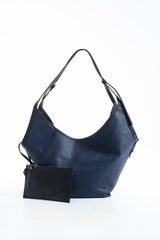 Woven Vegan Leather Large Slouchy Hobo Bag – 2-Piece Set with Matching Clutch - Dark Navy
