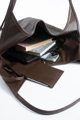 Woven Vegan Leather Large Slouchy Hobo Bag – 2-Piece Set with Matching Clutch - Brown