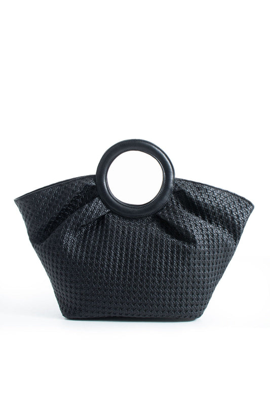 Woven  Pu Leather Top Handle Tote Bag with Adjustable  Crossbody Strap - Black