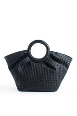 Woven  Pu Leather Top Handle Tote Bag with Adjustable  Crossbody Strap - Black