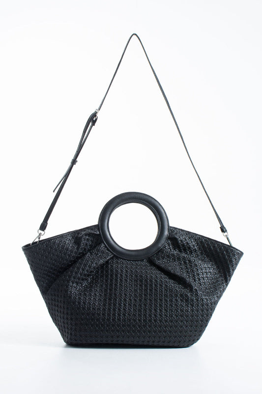 Woven  Pu Leather Top Handle Tote Bag with Adjustable  Crossbody Strap - Black