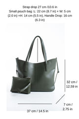 Pu Leather Large Tote Bag with Matching Zipper Pouch  2PCS Set - Green