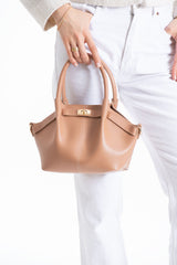 Pu Leather Top Handle Crossbody Bag with Twist Lock Detail - Nude