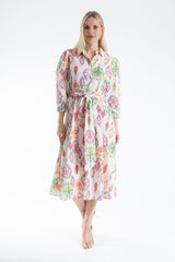 Women’s Linen Blend Ornamental Print Midi Shirt Dress - Cream